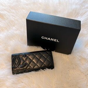 🌸Authentic Calfskin Quilted Cambon Gusset Flap Wallet Black🌸